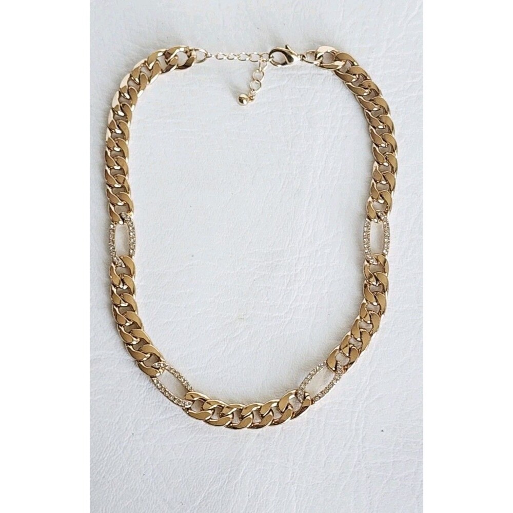 Chunky Statement Curb Chain Gold Tone 16" Rhinestones Details